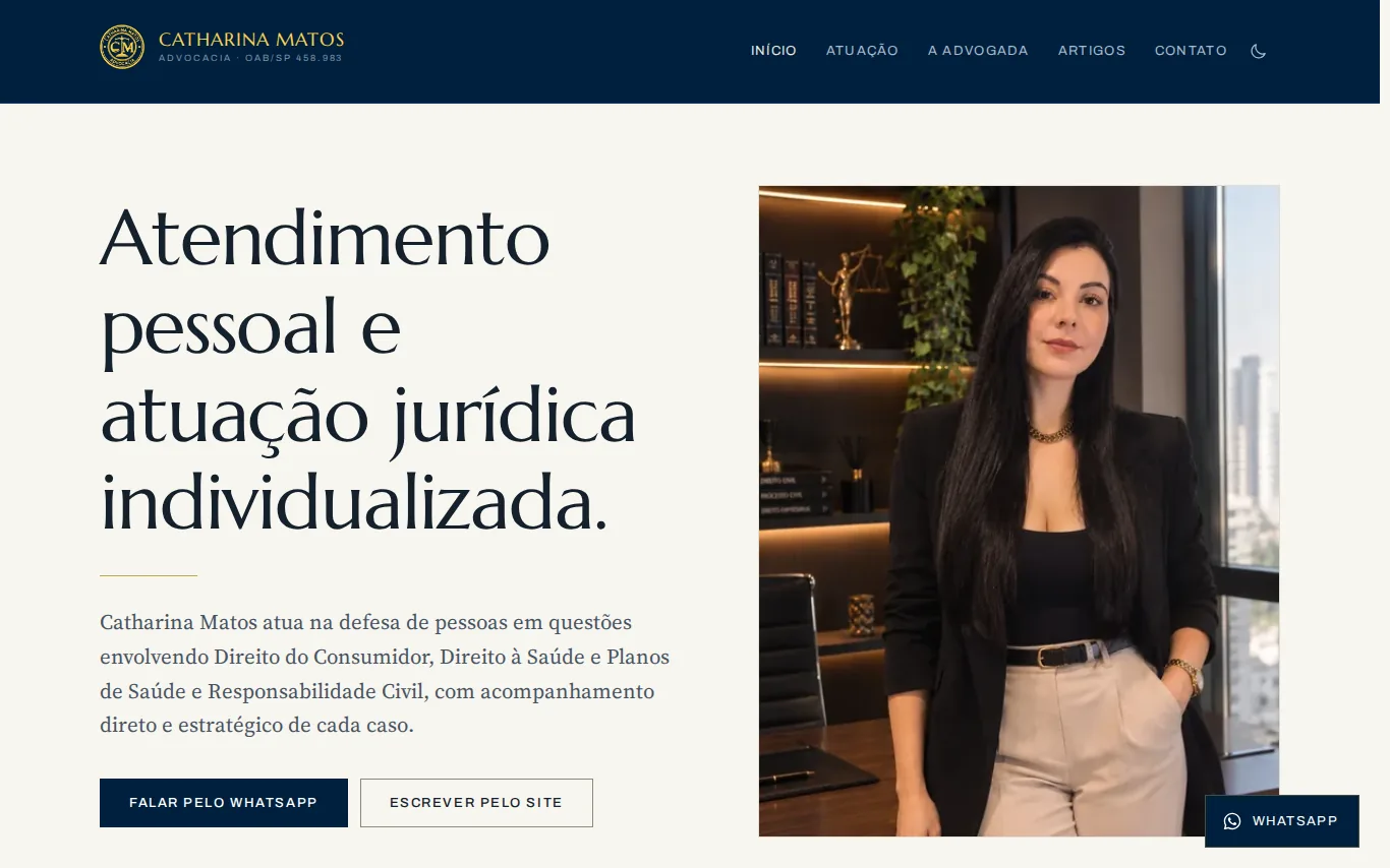 Primeira tela do site Catharina Matos Advocacia