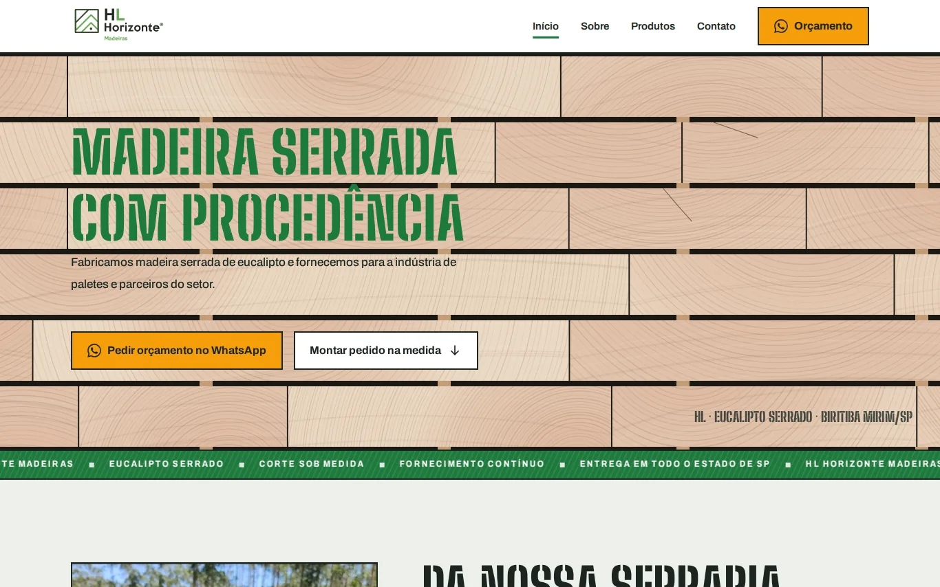 Primeira tela do site HL Horizonte Madeiras