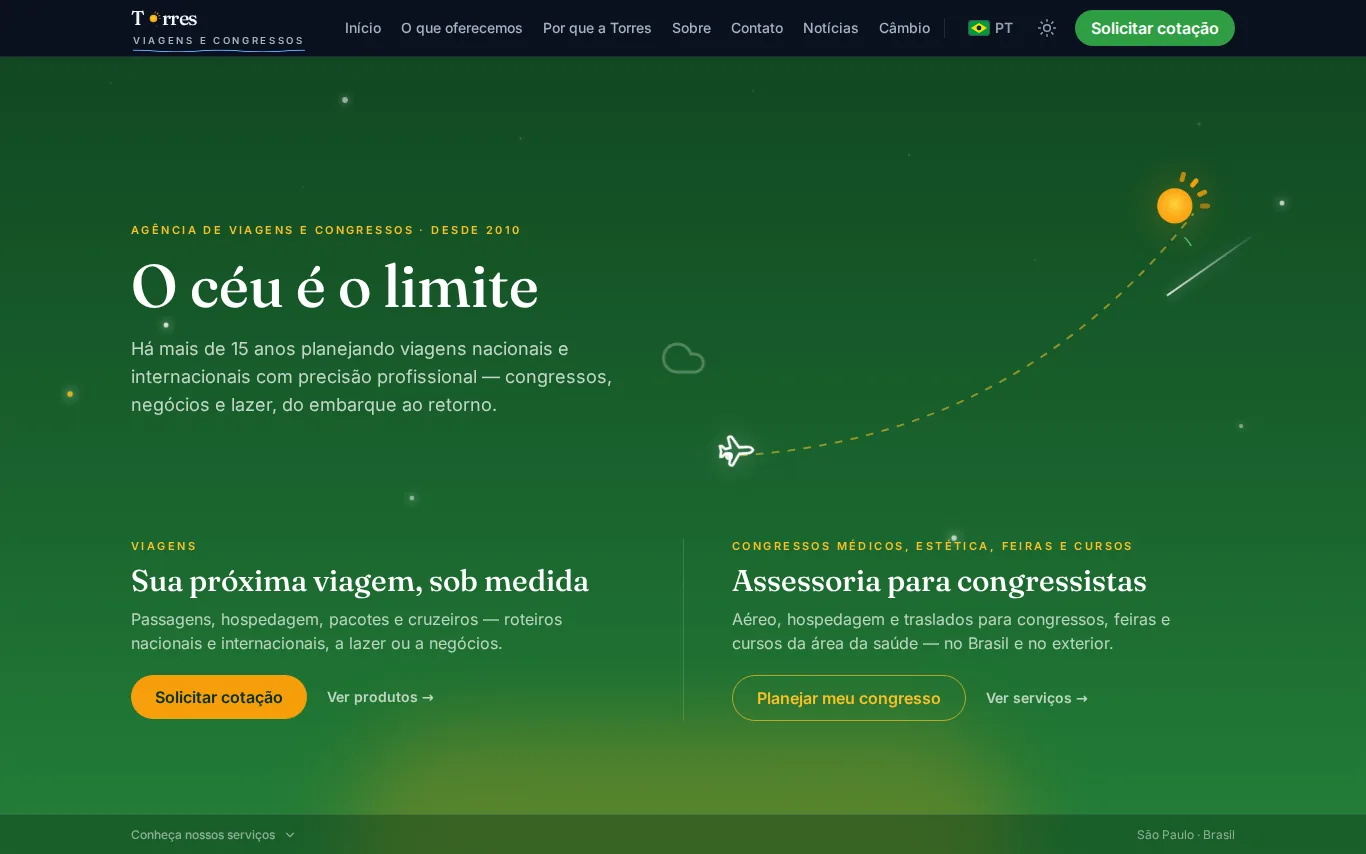 Primeira tela do site Torres Viagens e Congressos